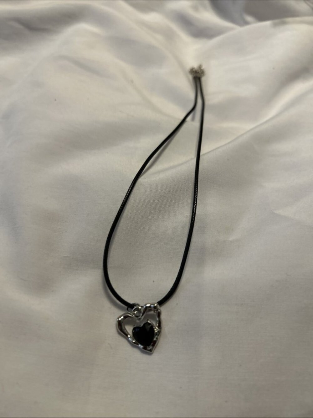 Black Heart W/in Heart silver Tone Choker on (18 in) Black Cord Nylon Cord